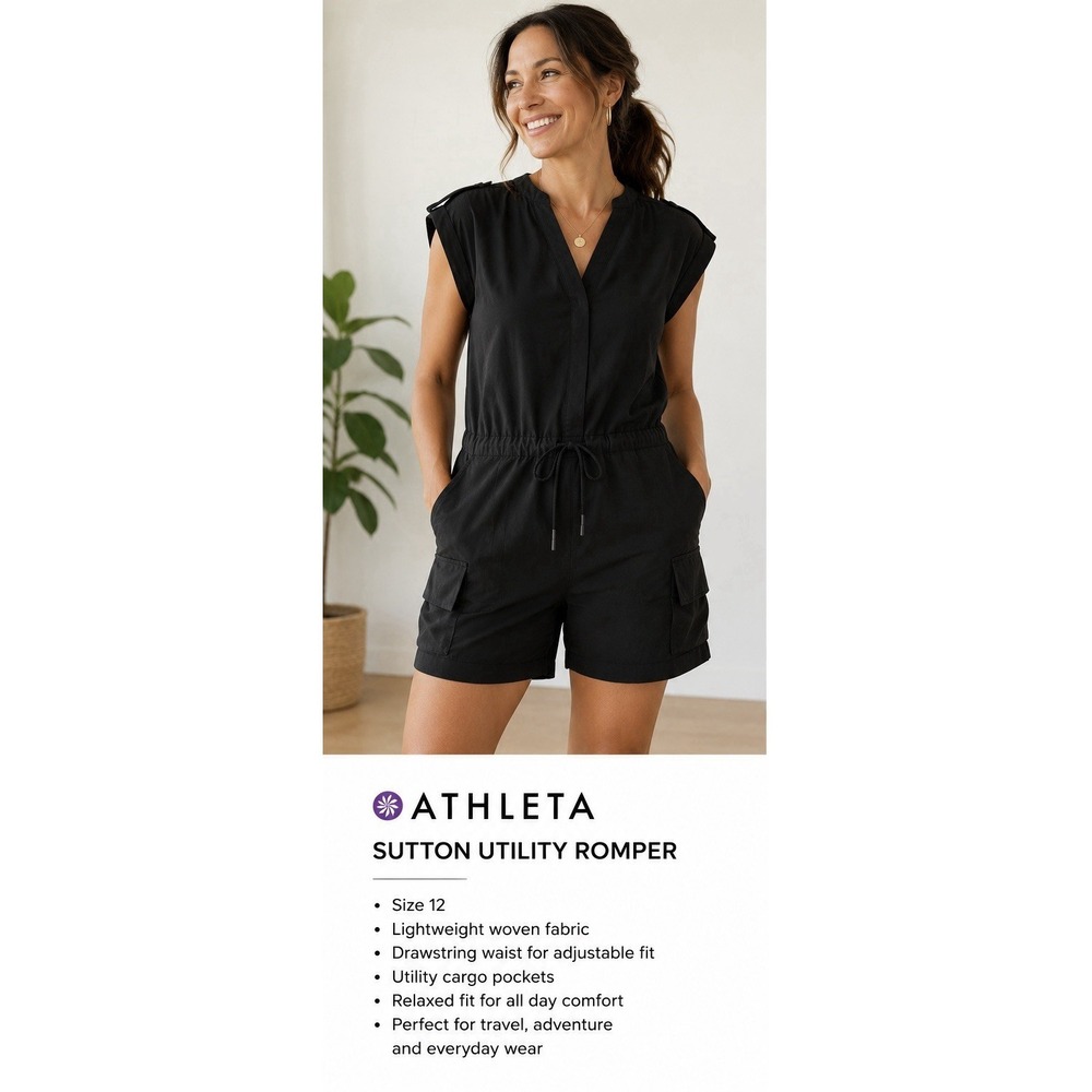 Athleta Womens Sutton Utility Drawstring Romper Black Cargo Travel Size 12 Black